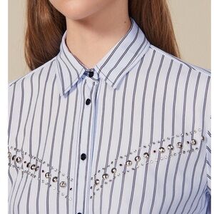 Sandro Paris Blue Striped Embellished Button Down Shirt